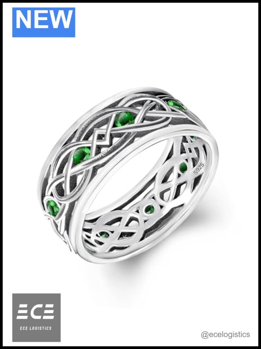925 Sterling Silver Celtic Knot Eternity Band Ring Created Emerald Wedding